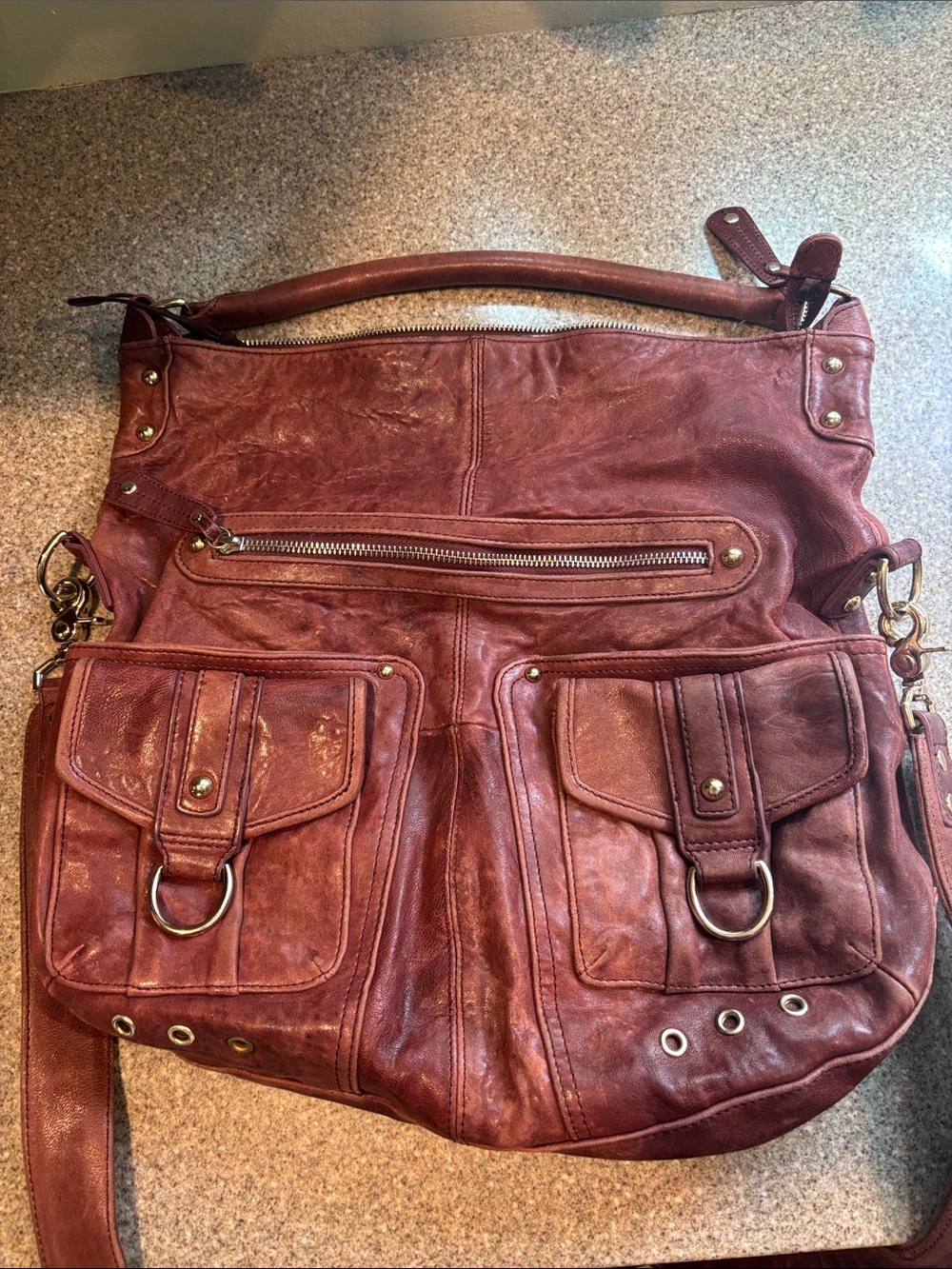 Distressed Burgundy Leather Shoulder Bag with Front Flap Pockets